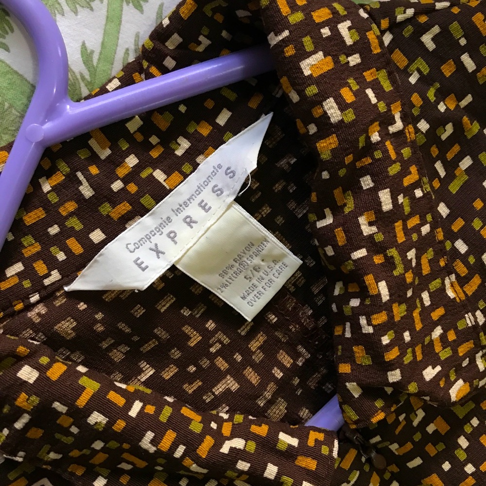 Express Brown Mini Dress with Mustard and Cream Geometric Print
